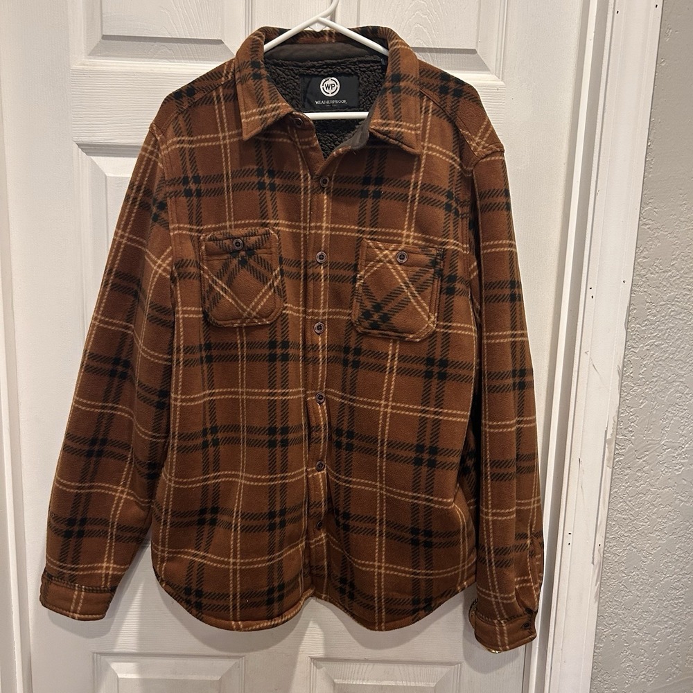 Weatherproof WP Shacket Mens Size Large Brown Plaid Fleece Exterior And Lining